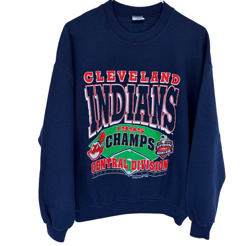 Vintage 1995‎ Cleveland Indians AL Central Champs Sweatshirt Large Navy Velva